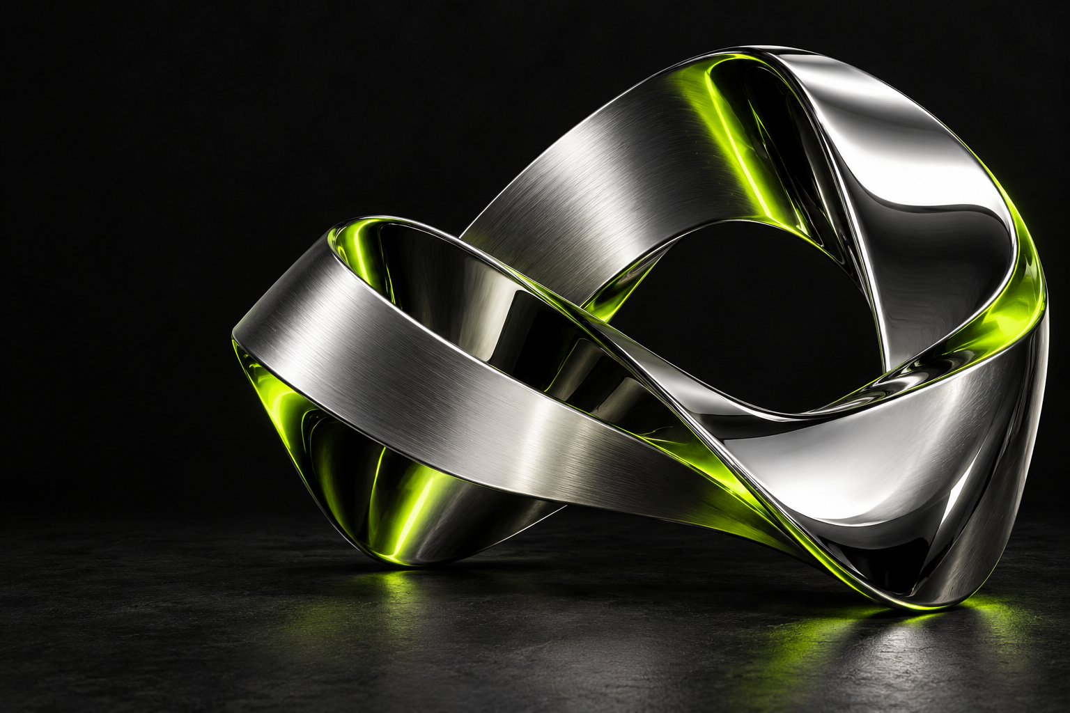 Escultura abstracta de metal con reflejos verde lima